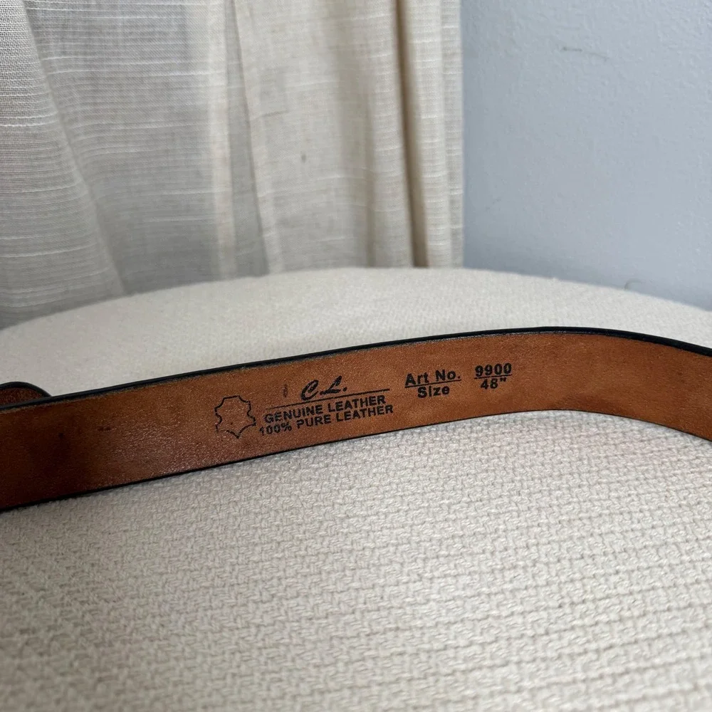 Vintage C.L.‎ Leather Belt Embossed Cabin Deer Mountain Black Tooled Men's 48